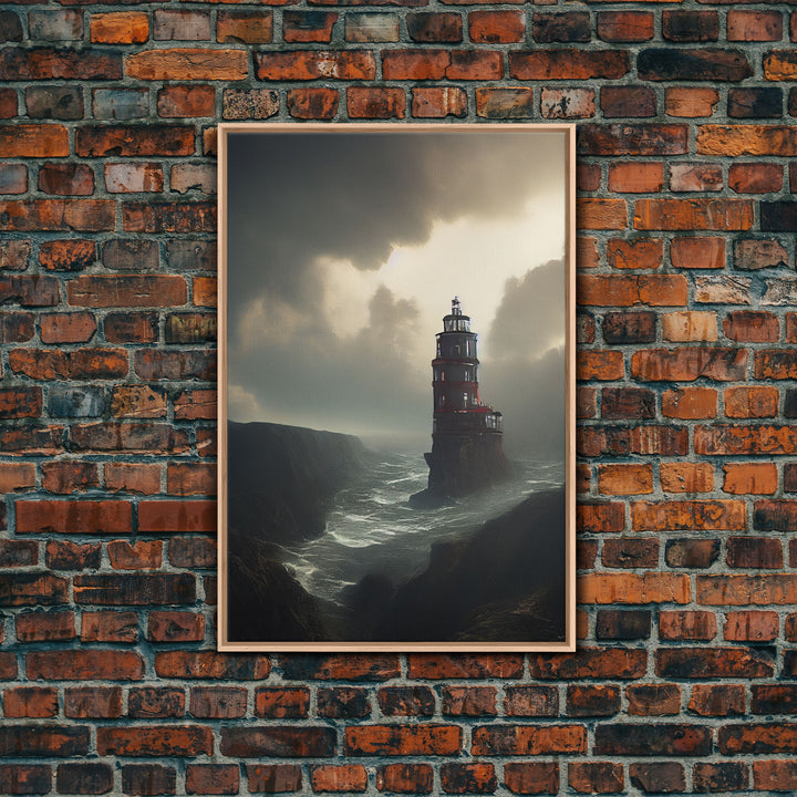 Lighthouse Protecting the Cliffs, Framed Canvas Print, Ready To Hang Framed Wall Art, Living Room Wall Hanging