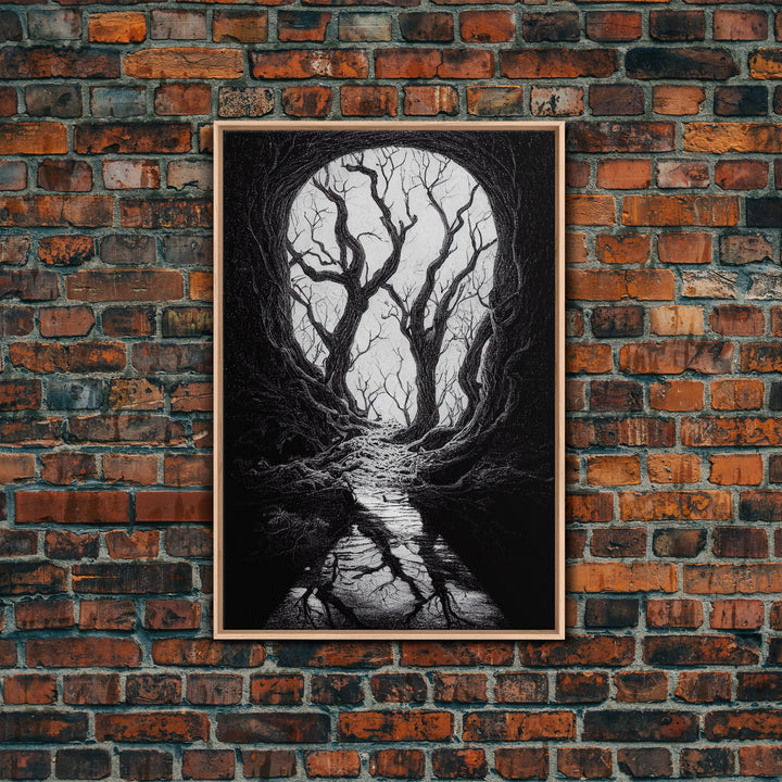 Spooky Haunted Halloween Forest, Black and White Art, Framed Canvas Print, Ready To Hang Framed Wall Art, Living Room Wall Hanging