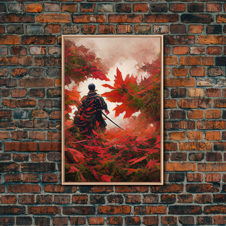 Samurai In a Japanese Maple Forest, Framed Canvas Print, Ready To Hang Framed Wall Art, Living Room Wall Hanging