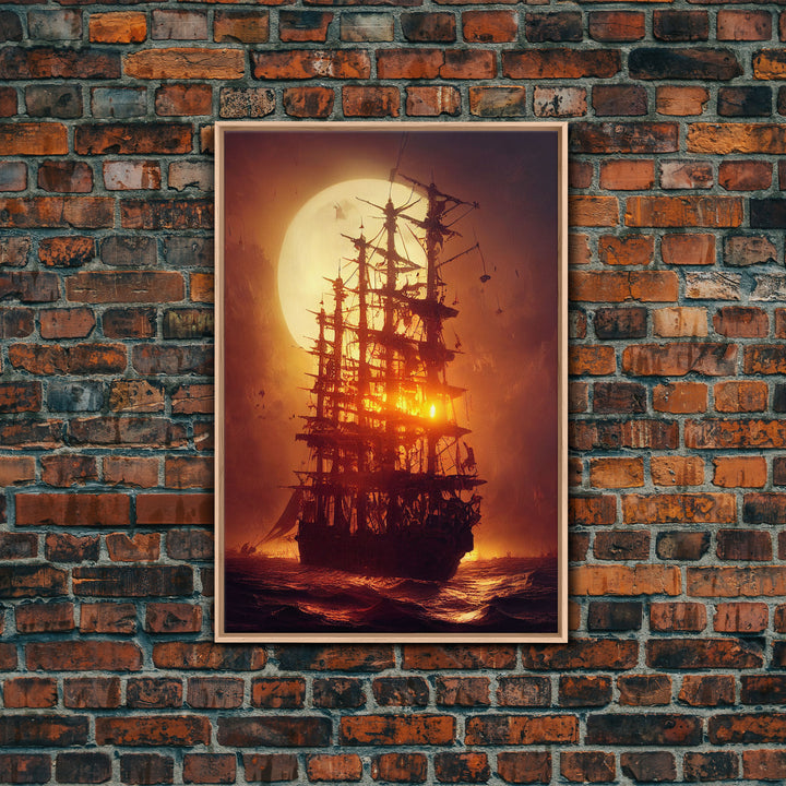 Ghost Ship and Full Moon, Spooky Pirate Ship Art, Framed Canvas Print, Ready To Hang Framed Wall Art, Living Room Wall Hanging