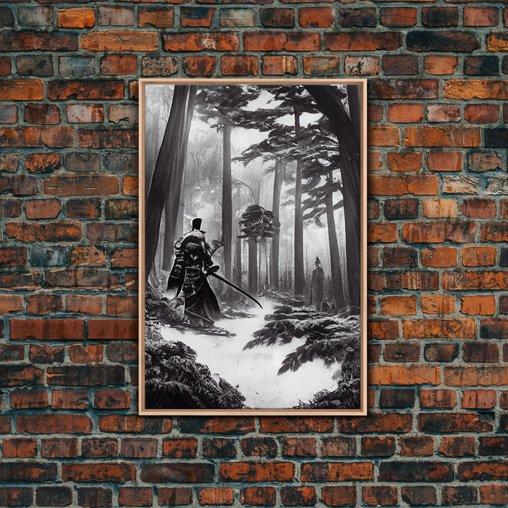 The Duel, Samurai Facing Off In The Forest, Black And White Art Framed Canvas Print, Ready To Hang Framed Wall Art, Living Room Wall Hanging