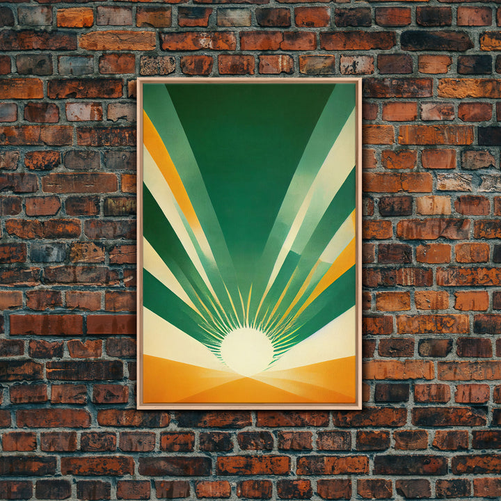 Emerald Green Sun Burst, Art Deco Style, Framed Canvas Print, Ready To Hang Framed Wall Art, Living Room Wall Hanging