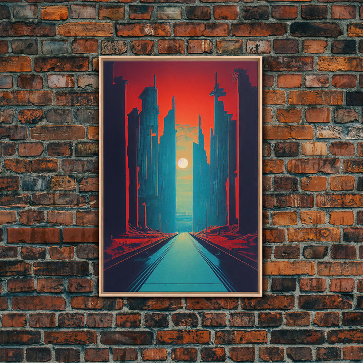 Brutalist Art Deco Dystopian City Art, Framed Canvas Print, Ready To Hang Framed Wall Art, Living Room Wall Decor