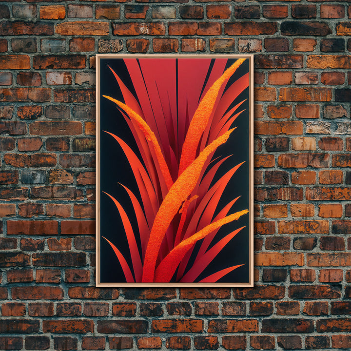 Red Ferns On A Black Background, Abstract Art, Framed Canvas Print, Ready To Hang Framed Wall Art, Living Room Wall Hanging