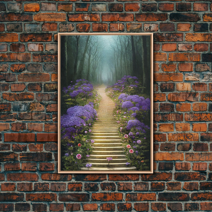 Lavender Lined Stairs Leading To The Haunted Forest, Fantasy Wall Art, framed canvas print, framed art