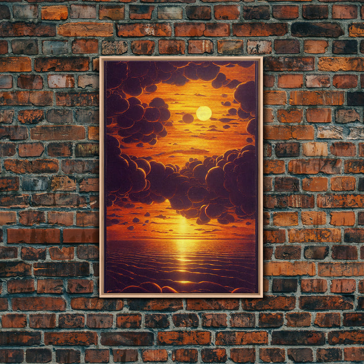 Orange Sunset, Psychedelic Sepia Sunset Art, Framed Canvas Print, Ready To Hang Framed Wall Art