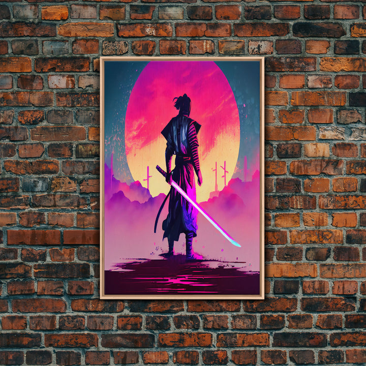 Synthwave Samurai, Cyberpunk Samurai Art, Framed Canvas Print, Ready To Hang Framed Wall Art