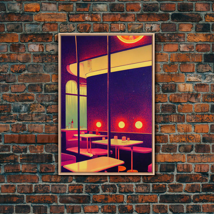 Retro 50s style diner art, vintage style, outrun style art, Framed Canvas Print, Ready To Hang Framed Wall Art, Living Room Wall Hanging