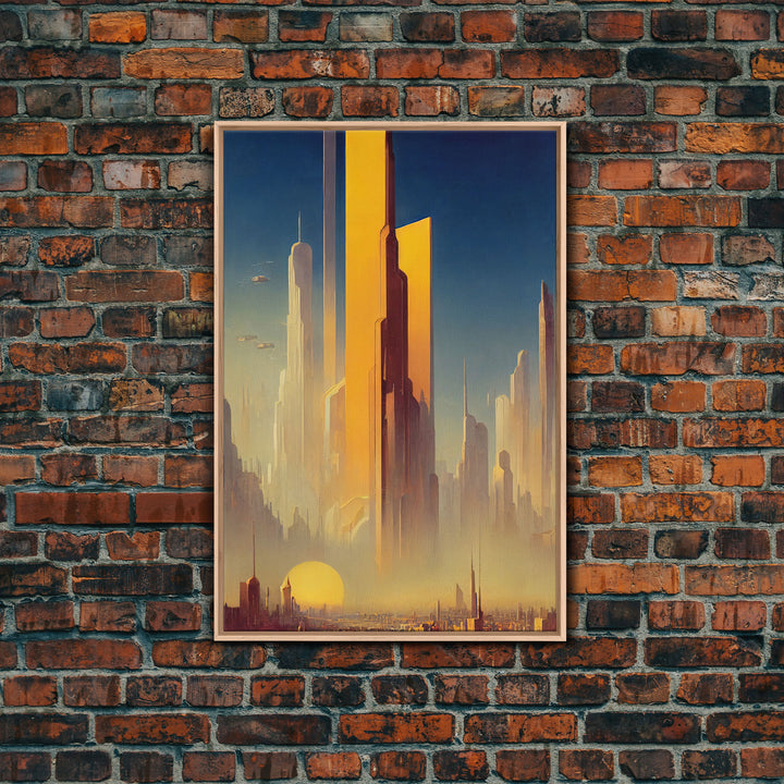 Huge Cyberpunk Desert Metropolis, Video game concept art, Framed Canvas Print, Ready To Hang Framed Wall Art, Living Room Decor