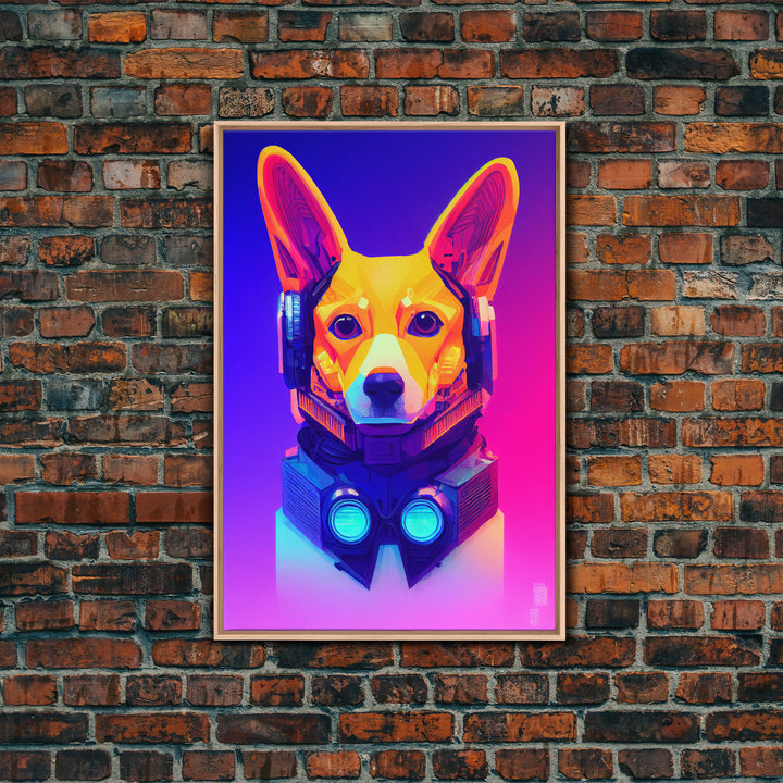 Cyberpunk Corgi Portrait, Futuristic Corgi, Framed Canvas Print, Ready To Hang Framed Wall Art, Living Room Wall Hanging