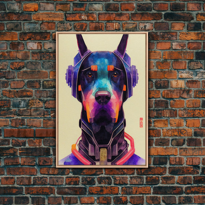 Cyberpunk Dobermann Pinscher Portrait, Watercolor, Framed Canvas Print, Ready To Hang Framed Wall Art, Living Room Wall Hanging