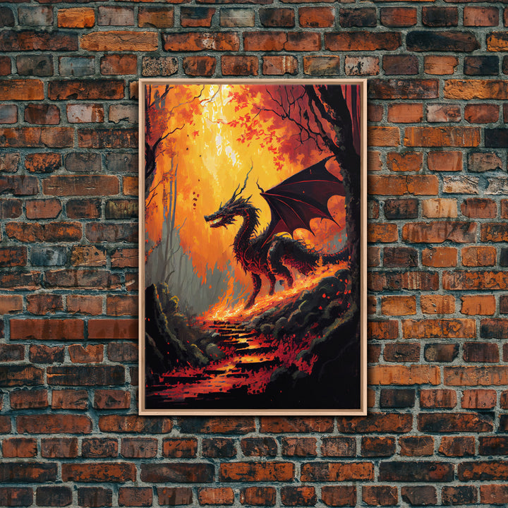 Dragon standing in a burned forest, fantasy art, fine art poster print