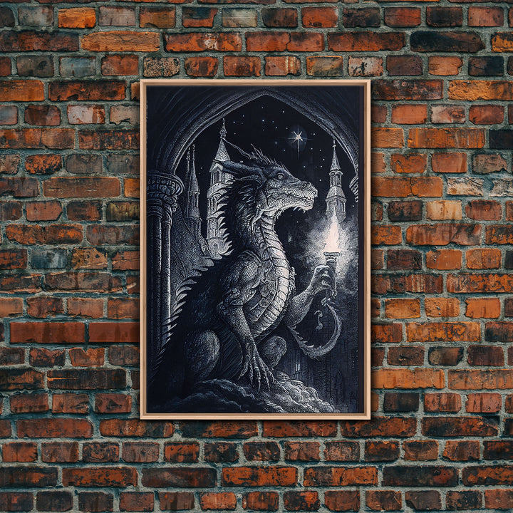 Dragon holding a torch, poster art, black and white dragon