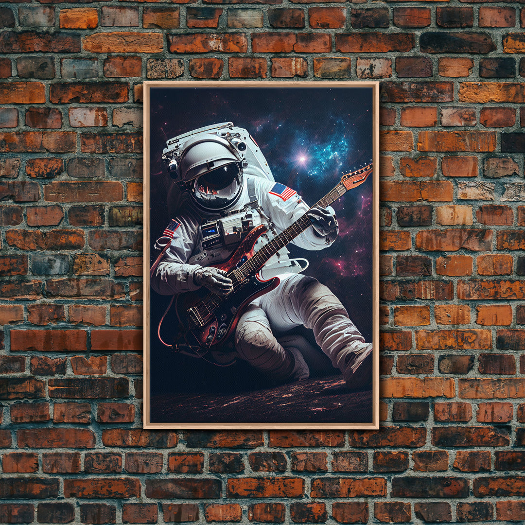 Jammin' in space, astronaut playing the guitar, framed canvas print