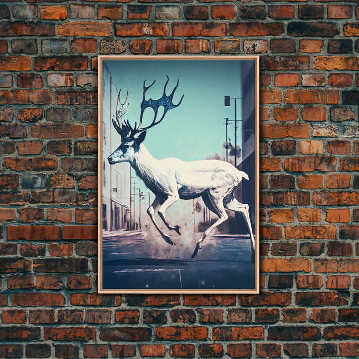 White stag in the city, post-apocalyptic urban decay art, framed canvas print