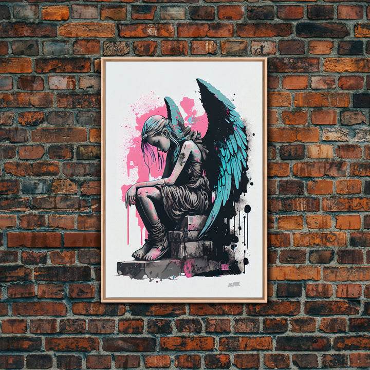 Sad angel graffiti art, street inspired art, framed canvas print, framed wall art