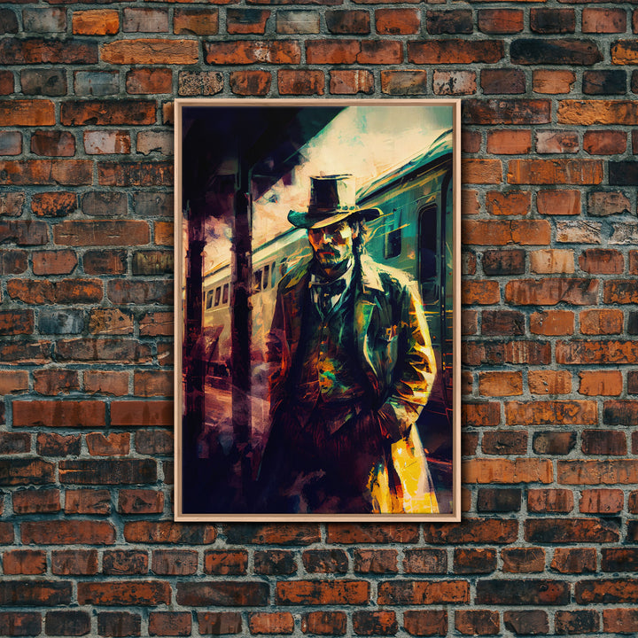 Cowboy waiting for the train, framed wall art, framed canvas print