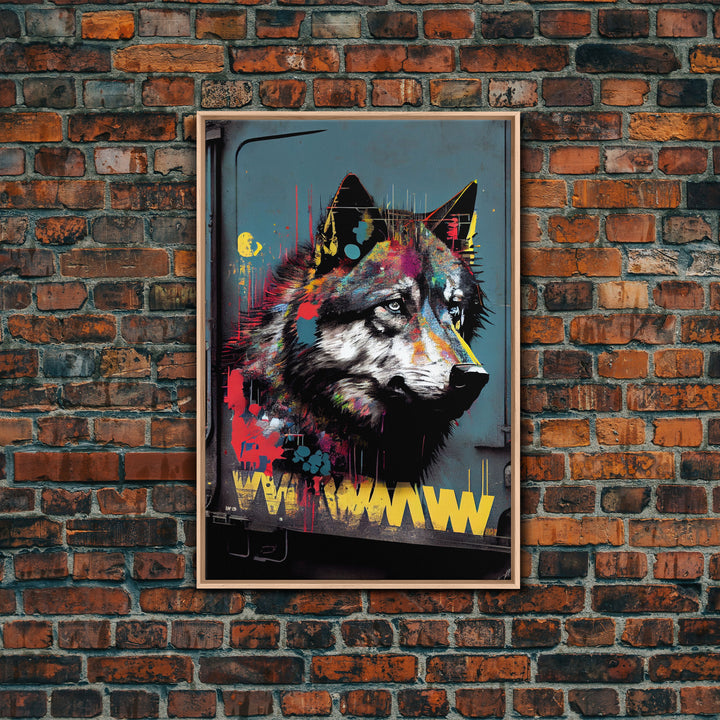 Wolf graffiti on a subway train car, framed canvas print, framed wall art