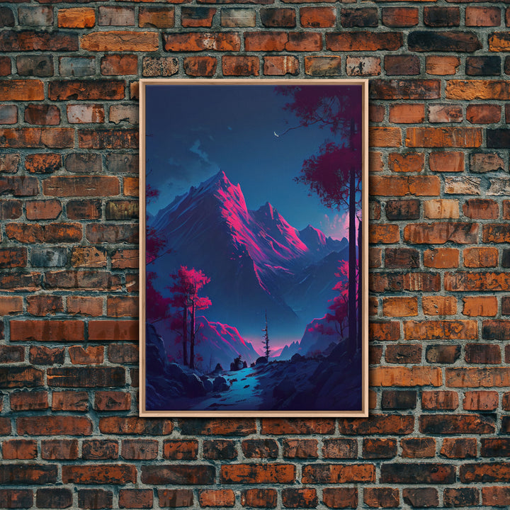 Vaporwave mountain landscape, pink and purple mountain art, framed canvas print