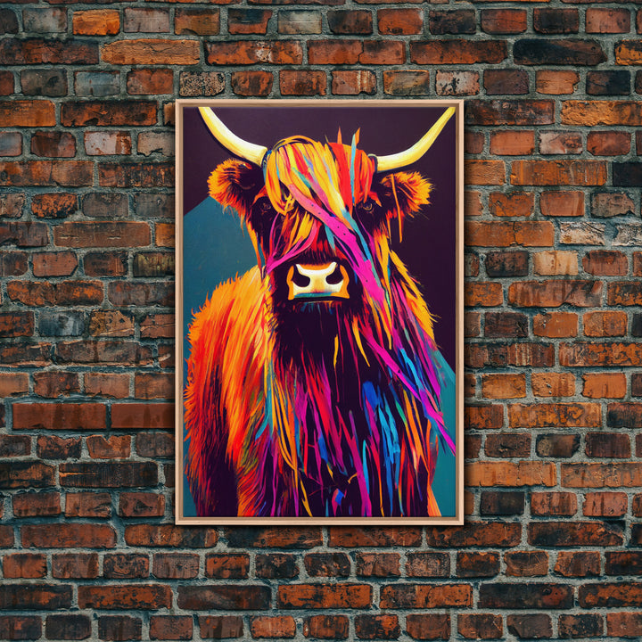 Colorful farmhouse art, Highland cow, Scotland cattle, framed canvas print