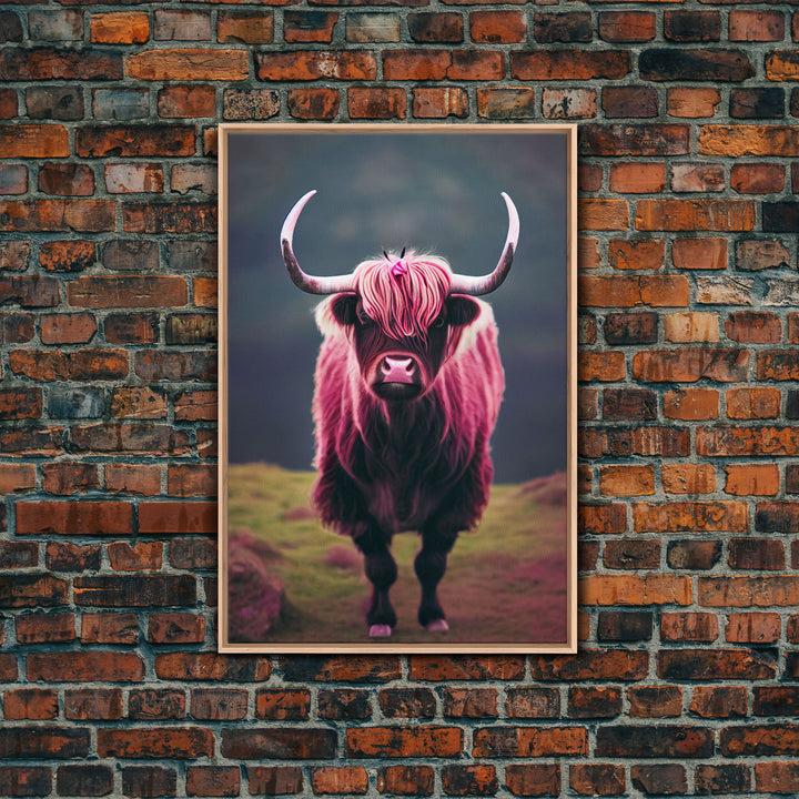 Colorful farmhouse art, Highland cow, Scotland cattle, framed canvas print, pink cow