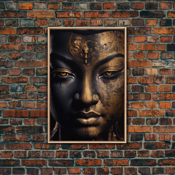 Golden eyed buddha statue framed canvas print, art for yoga studio, zen art