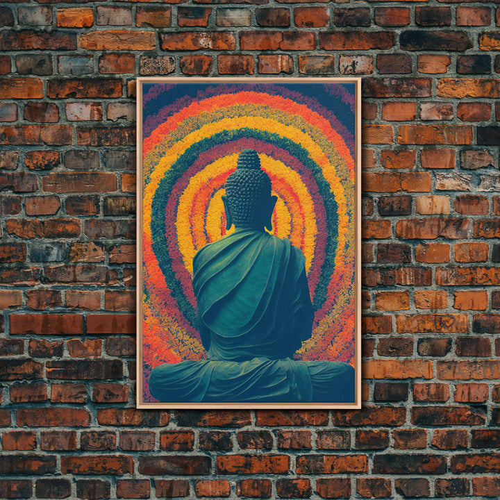 Colorful rainbow Buddha facing a ring of flowers, framed canvas print, yoga studio art