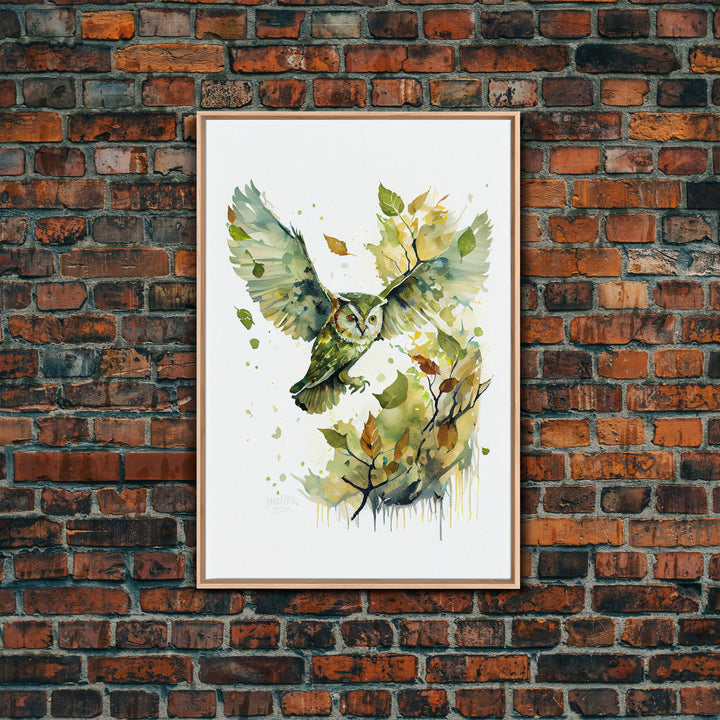 Watercolor of an owl in flight, owl painting print, framed canvas print, cool nature wall art, watercolor