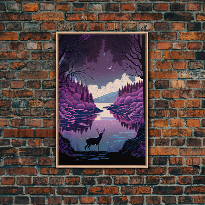 Mystical Deer Purple Forest Lake Wall Art Canvas Print - Serene Nature Scene Vibrant Artwork