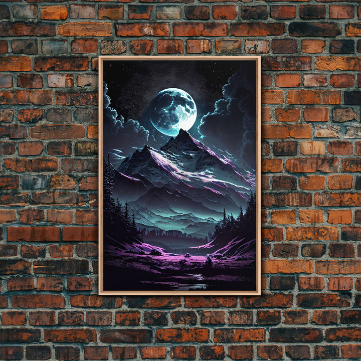 Mythical mountains fantasy art, framed canvas print, full moon over a mystical mountain landscape