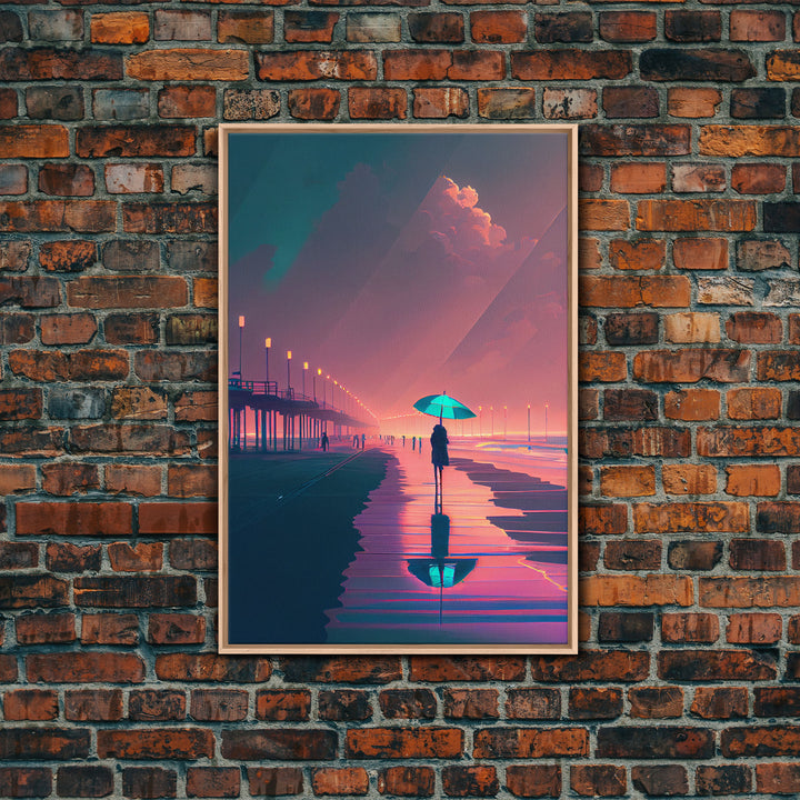 Synthwave Art, Neon / Pastel Beach Boardwalk, framed canvas print, vintage 80s style art