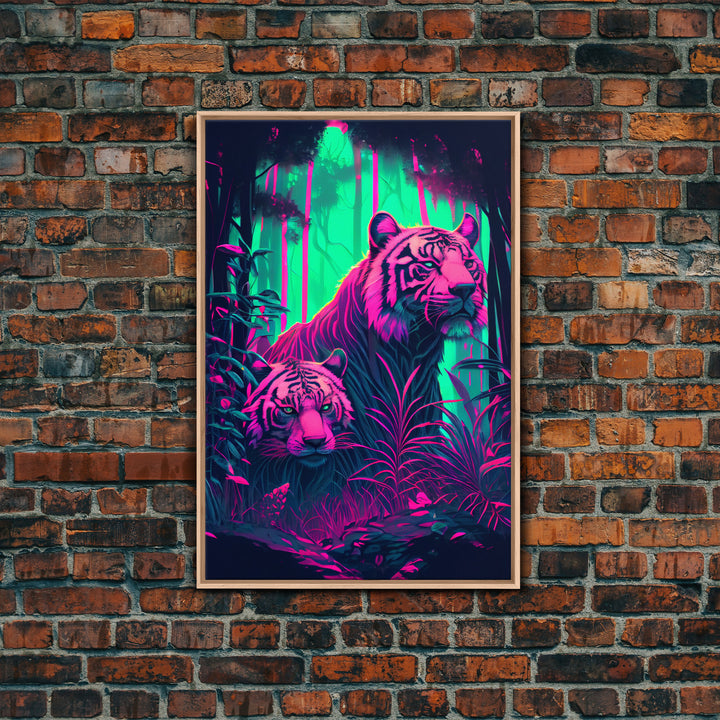 Retro Style Blue Eyed Tiger Art, Framed canvas print, framed wall art, unique colorful animal prints, synthwave style art