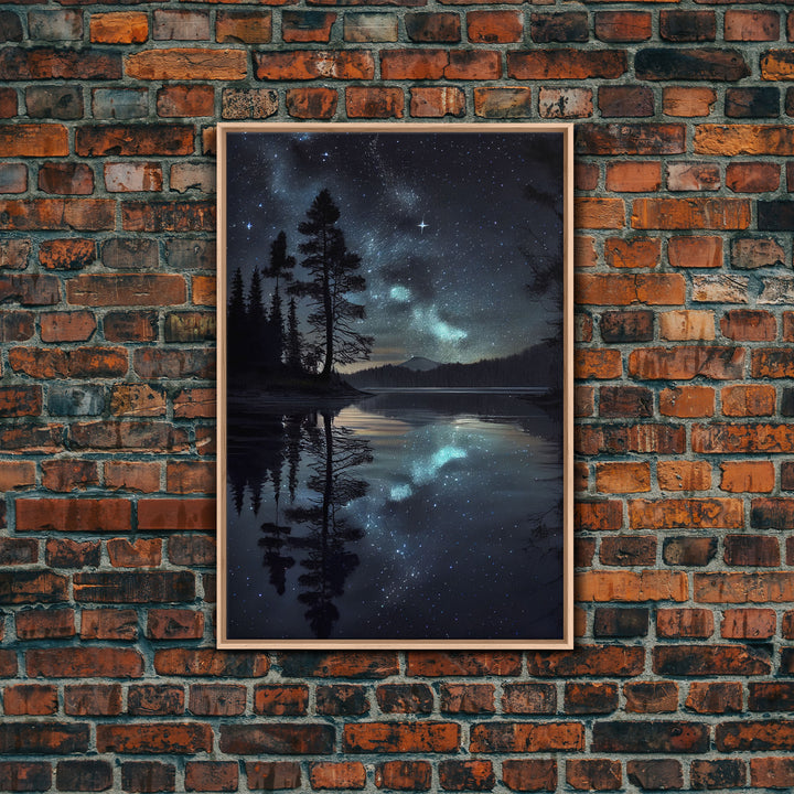 Reflections of a starry night sky over the lake, lakehouse art, beautiful framed canvas print