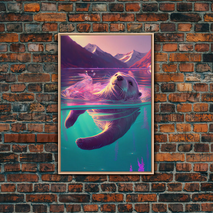 Cute Otter going for a swim, pastel retro style art, framed canvas print, Otter out for a swim in a mountain lake