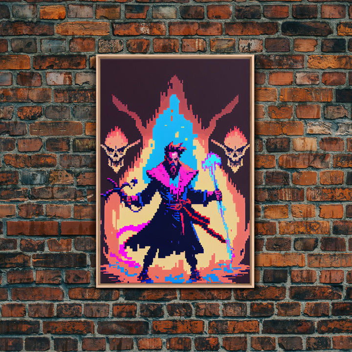 Tabletop RPG pixel art, Human Necromancer Art, framed canvas print, framed game room decor