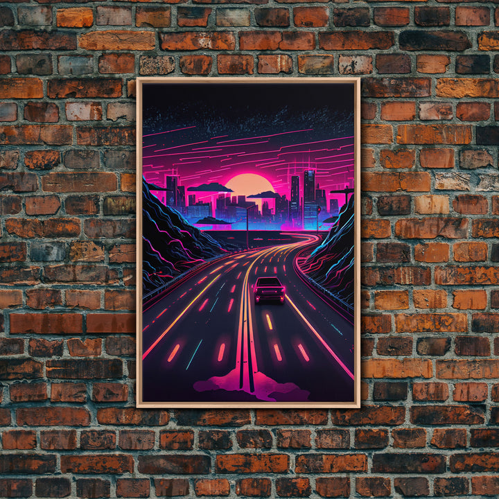 The Drive, Retrowave Outrun Style City Skyline Sunset, 80s Vibes, Framed Canvas Print