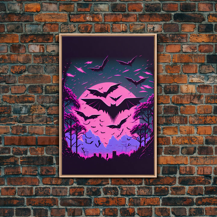 Vampire Bat Art, Horror, framed canvas print, bats in flight over a pink full moon, Halloween Decor, Halloween Wall Art