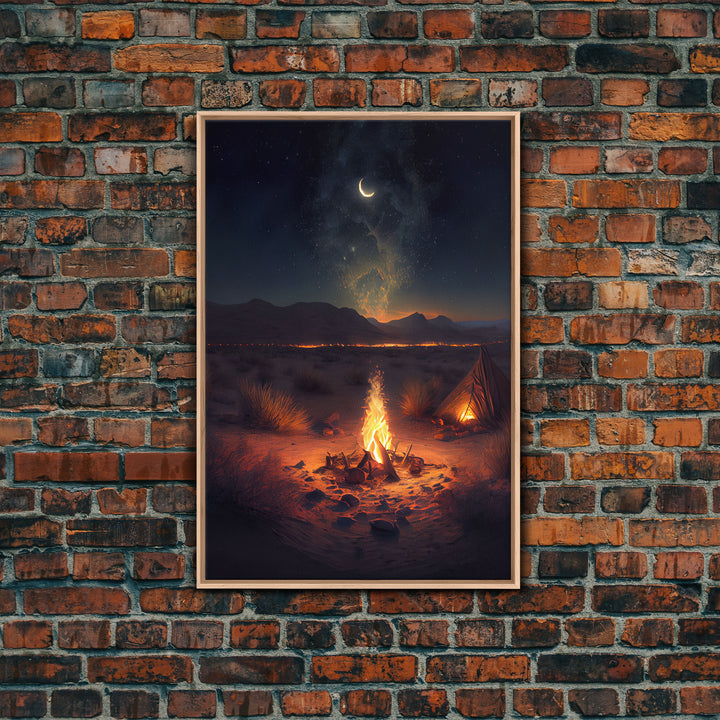 Primitive Art, Campfire under the stars, camping art, framed canvas print