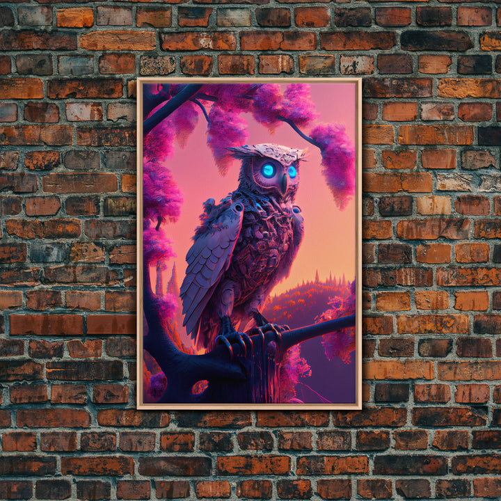 Cyberpunk Robot Owl, framed canvas print, Cybernetic android owl art, vaporwave aesthetic futuristic art