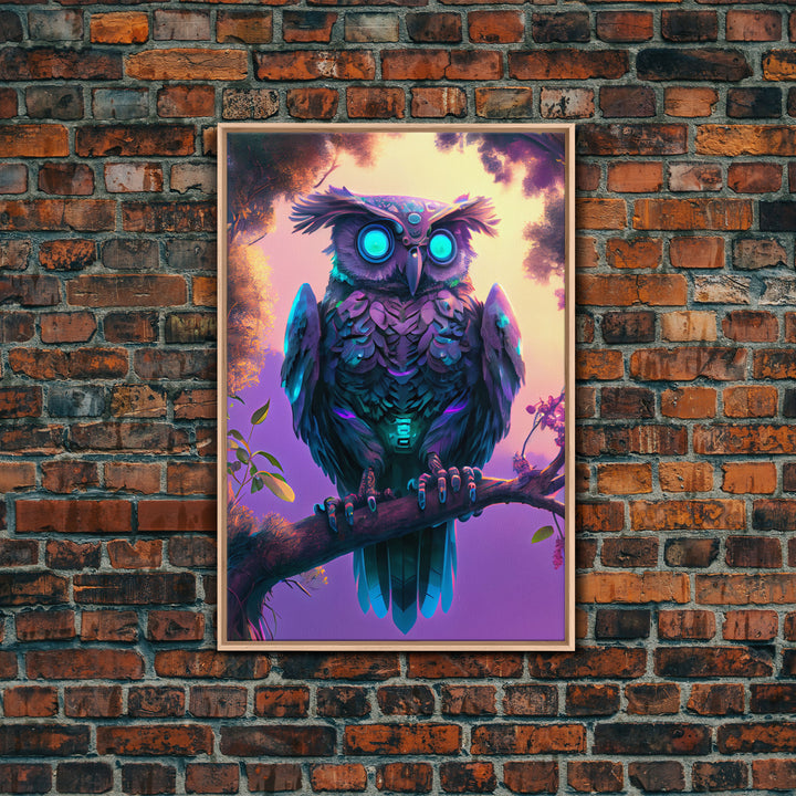 Cyberpunk Robot Owl, framed canvas print, Cybernetic android owl art, vaporwave aesthetic futuristic art