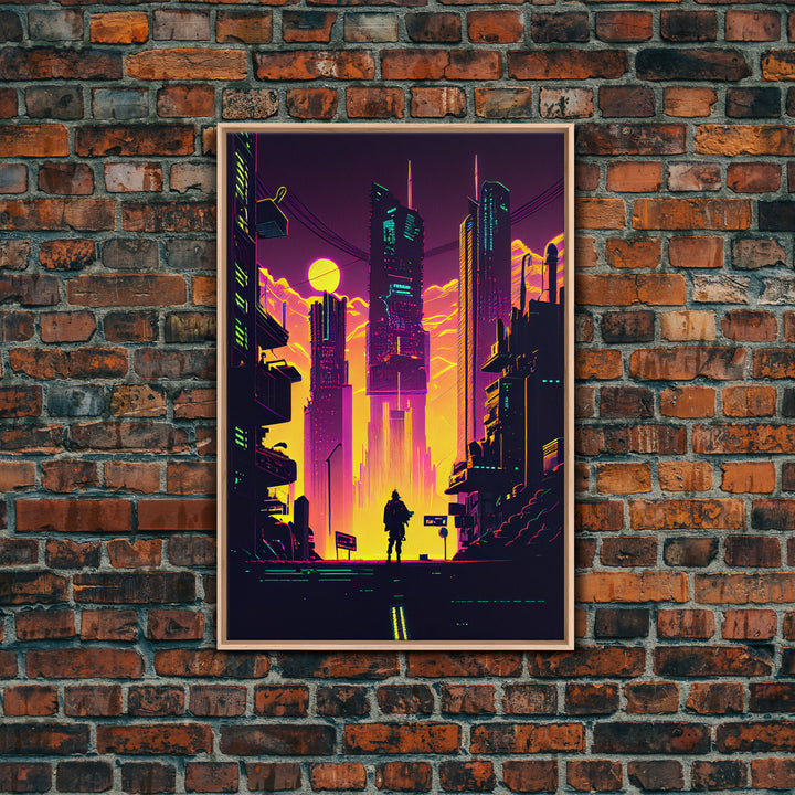 Cyberpunk art, Retrowave style dystopian cityscape art, game room art, framed canvas print, retro wave city skyline