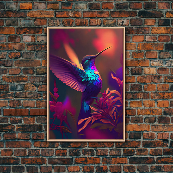 Hummingbird in flight, cute animal print, framed canvas print, colorful retro wave style art