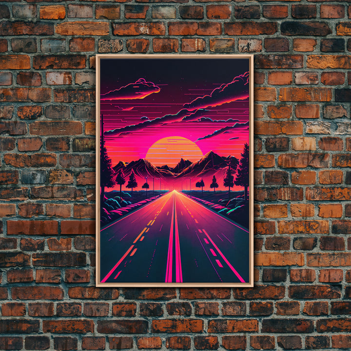 Outrun Sunset over the Arizona mountains, neon aesthetic art,  framed canvas print