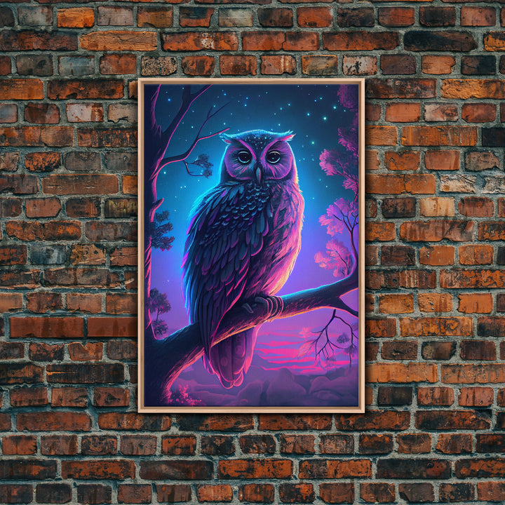 Retro Style Owl Art, Framed Canvas Print, outrun style owl at midnight under a starry sky