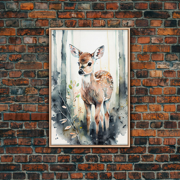 Watercolor portrait of a deer fawn, framed canvas print