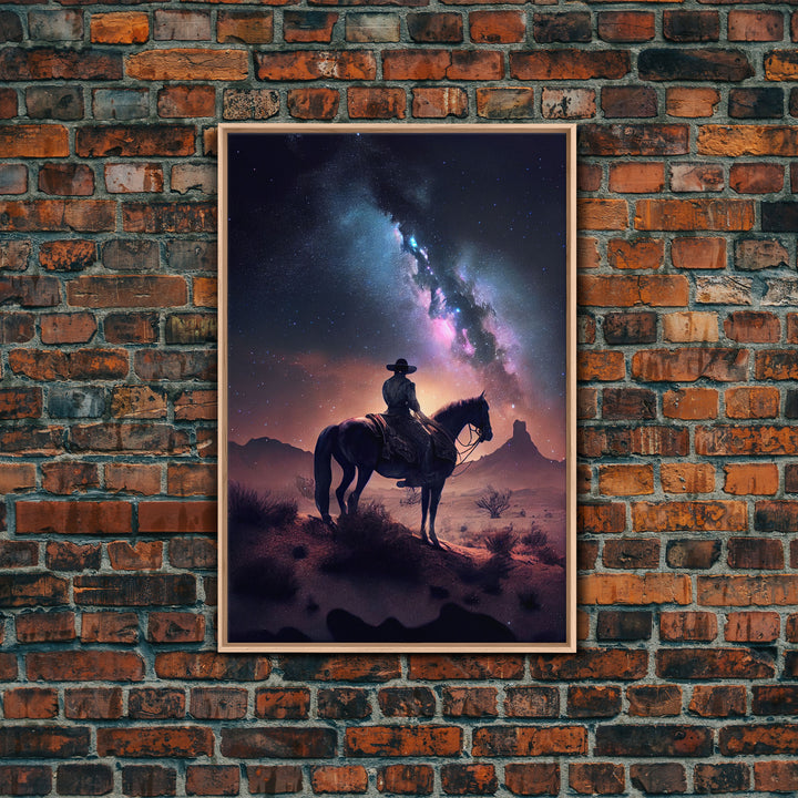 Cowboy contemplating the stars, framed canvas print