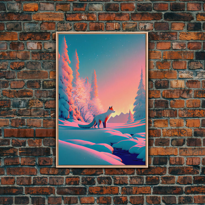 Cute arctic fox art in the snow, framed canvas print