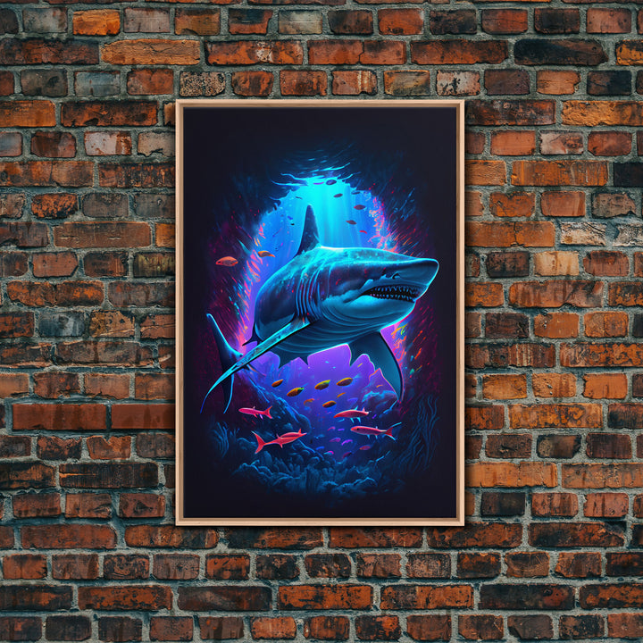 Shark Art, framed canvas print, colorful retro style shark art watercolor painting print