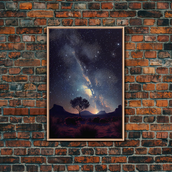 Starry night sky over the plains of Texas,  beautiful farmhouse art, primitive art, framed canvas print