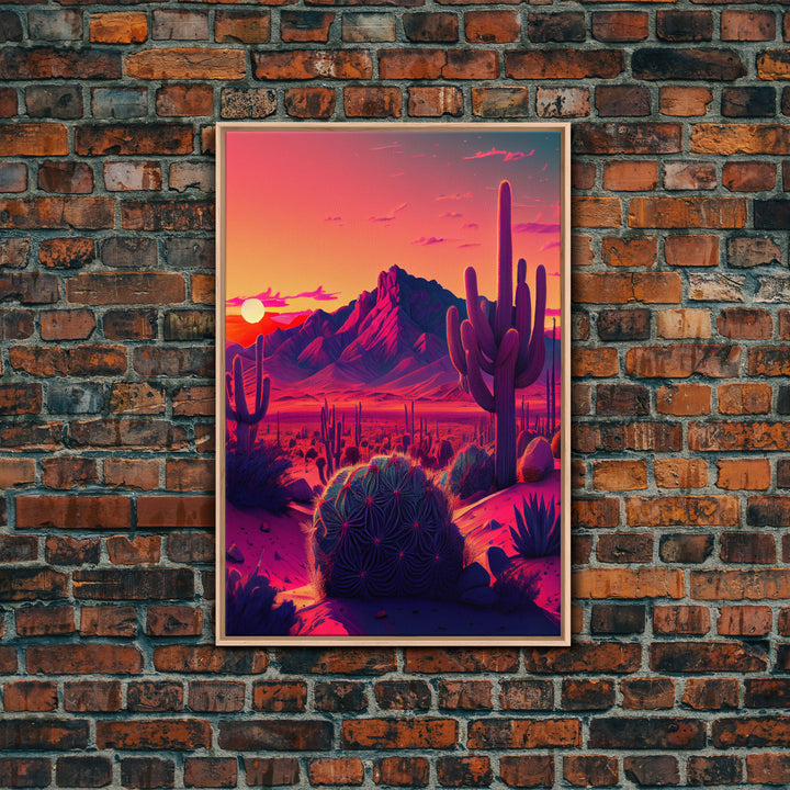 Pastel Arizona Night, Outrun Style sunset over a desert landscape with cactus, framed canvas print